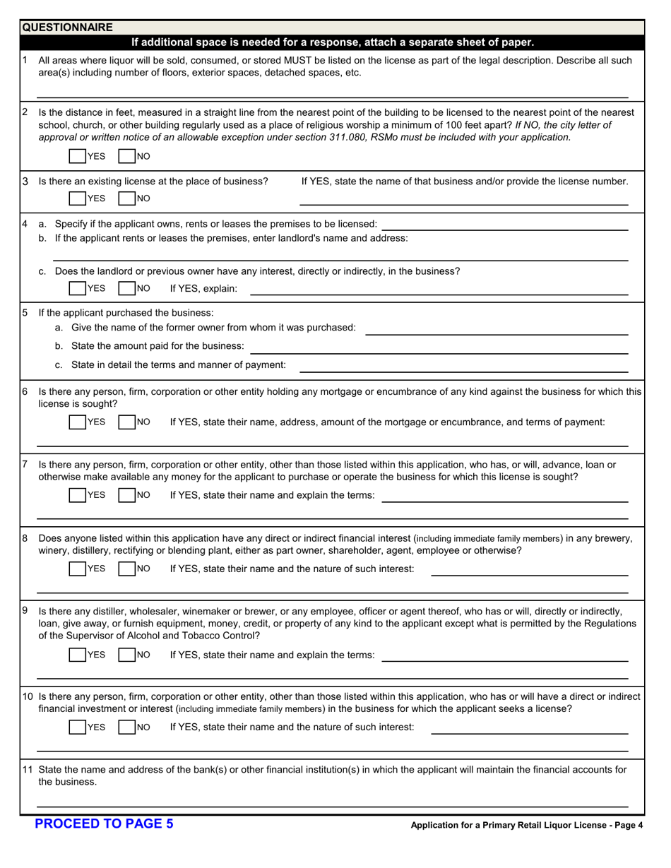 Form MO829-A0008 Application for a Primary Retail Liquor License - Missouri, Page 4