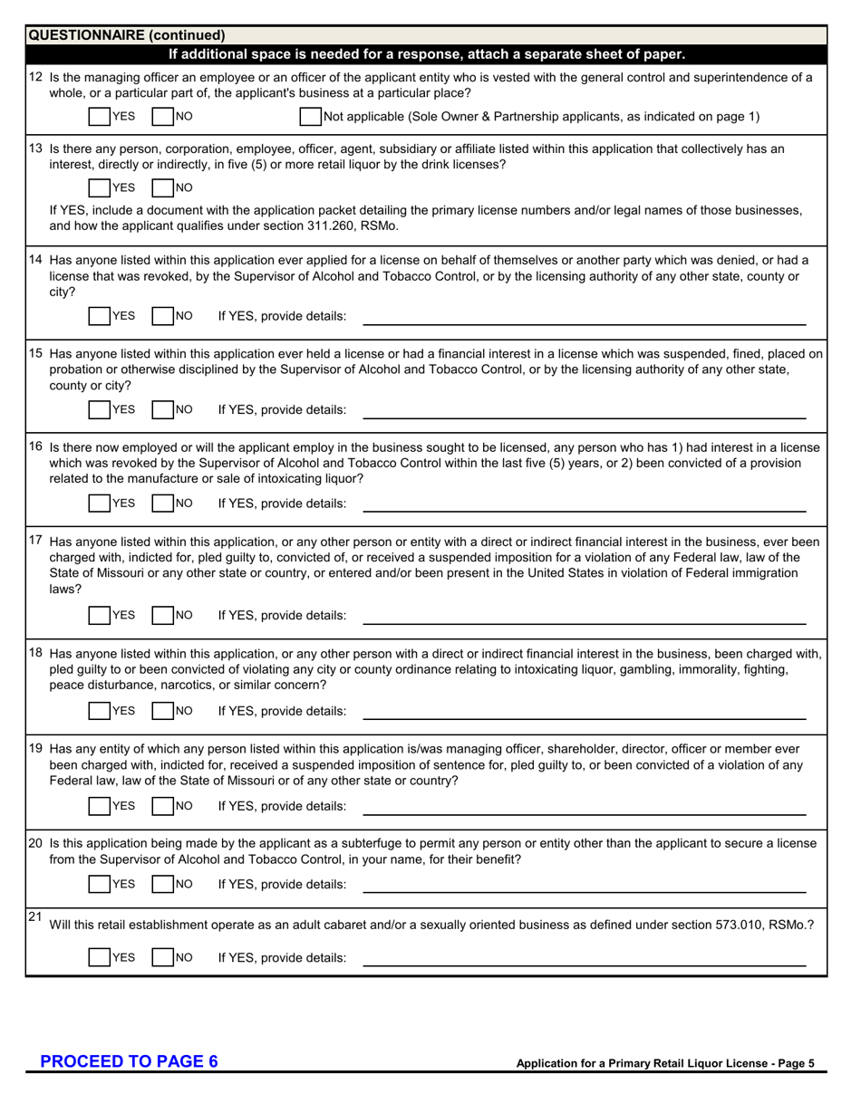 Form MO829-A0008 Application for a Primary Retail Liquor License - Missouri, Page 5