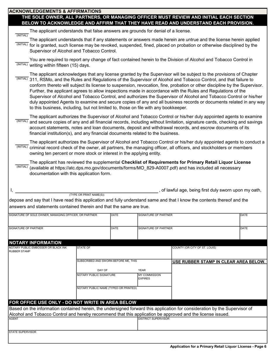 Form MO829-A0008 Application for a Primary Retail Liquor License - Missouri, Page 6