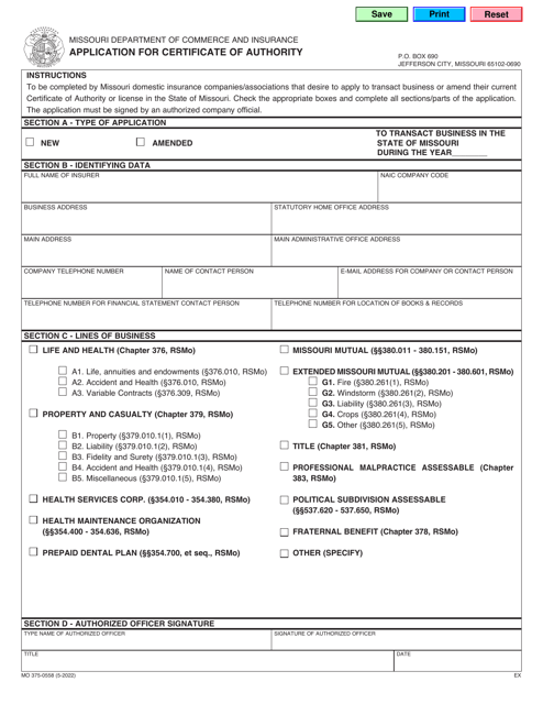 Form MO375-0558 Application for Certificate of Authority - Missouri