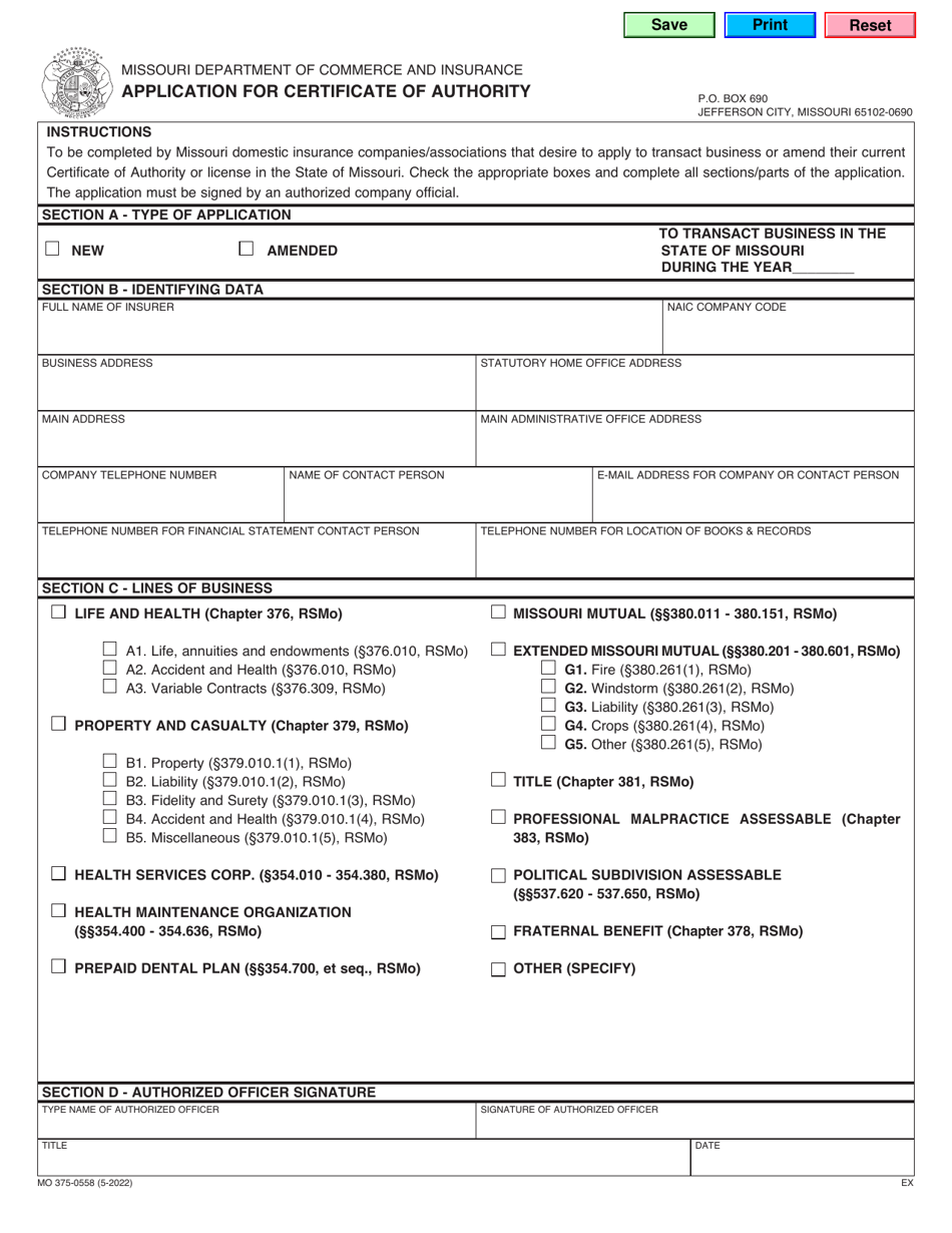 Form MO375-0558 Application for Certificate of Authority - Missouri, Page 1