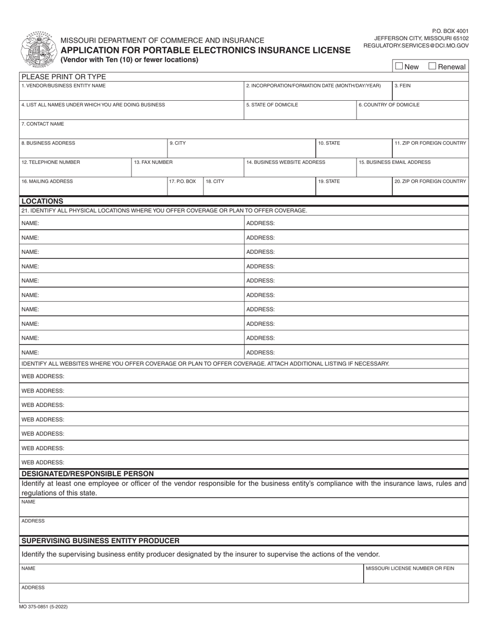 Form MO375-0851 Application for Portable Electronics Insurance License (Vendor With Ten (10) or Fewer Locations) - Missouri, Page 1