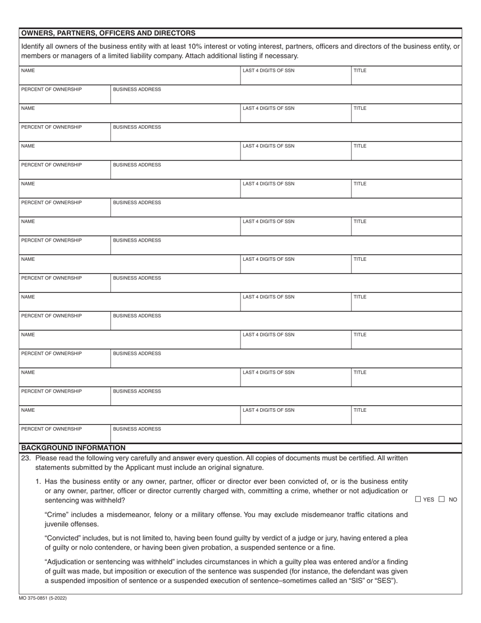Form MO375-0851 Application for Portable Electronics Insurance License (Vendor With Ten (10) or Fewer Locations) - Missouri, Page 2
