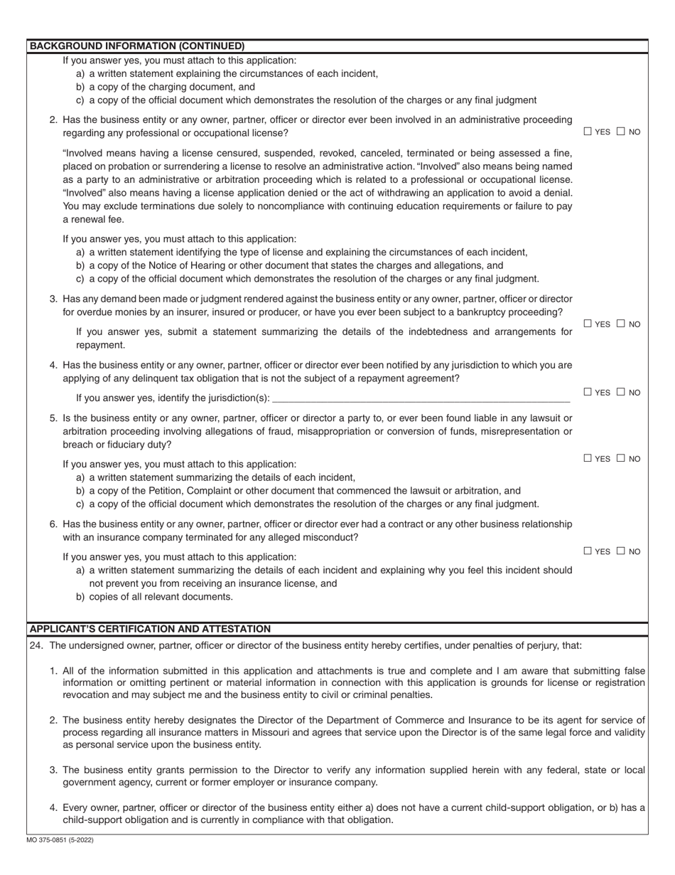 Form MO375-0851 Application for Portable Electronics Insurance License (Vendor With Ten (10) or Fewer Locations) - Missouri, Page 3