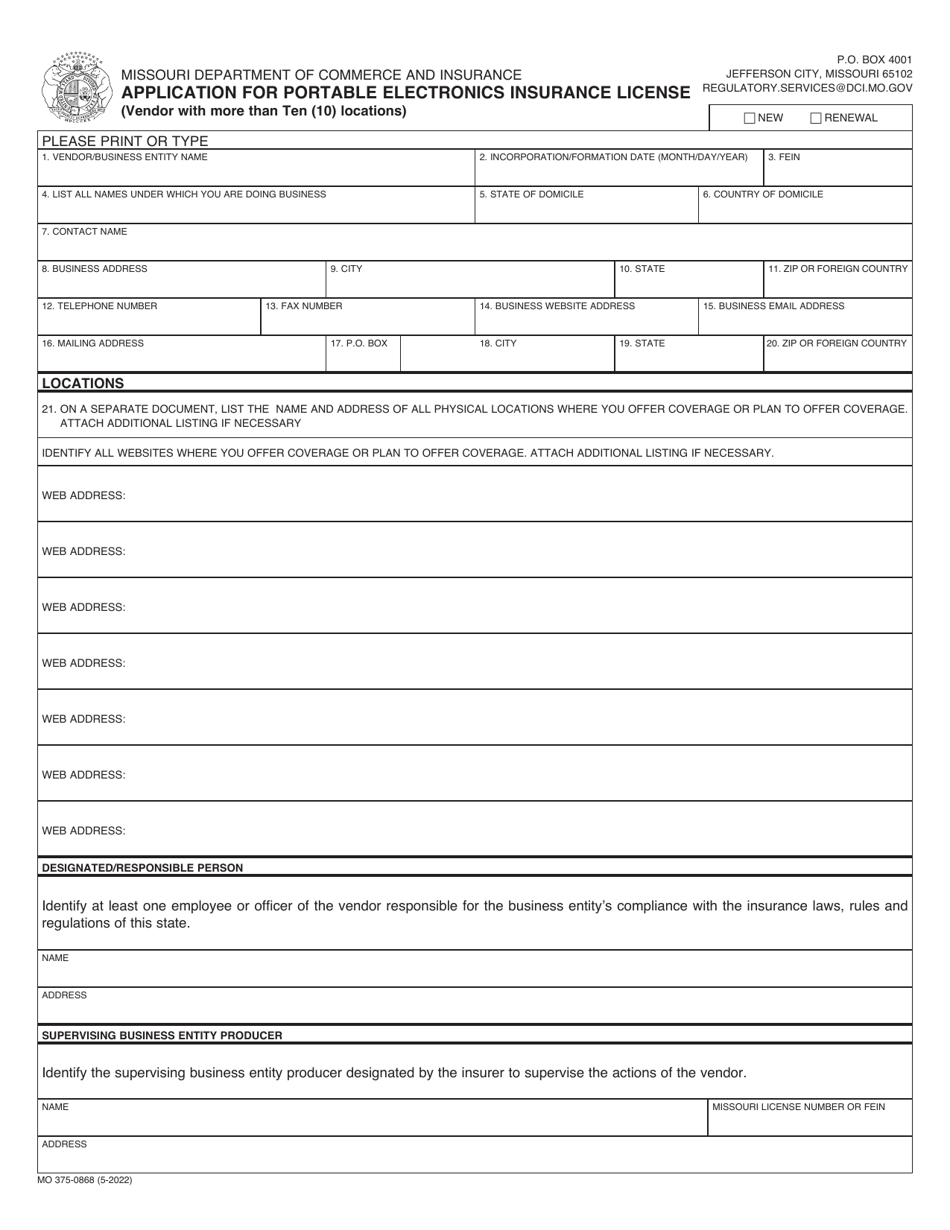 Form MO375-0868 Application for Portable Electronics Insurance License (Vendor With More Than Ten (10) Locations) - Missouri, Page 1