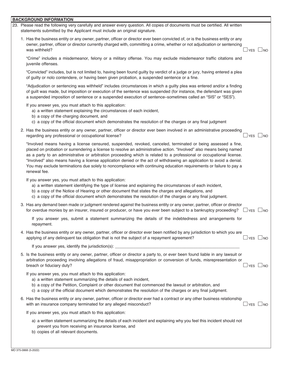 Form MO375-0868 Application for Portable Electronics Insurance License (Vendor With More Than Ten (10) Locations) - Missouri, Page 2