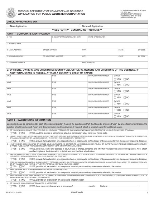 Form MO375-1119 Application for Public Adjuster Corporation - Missouri