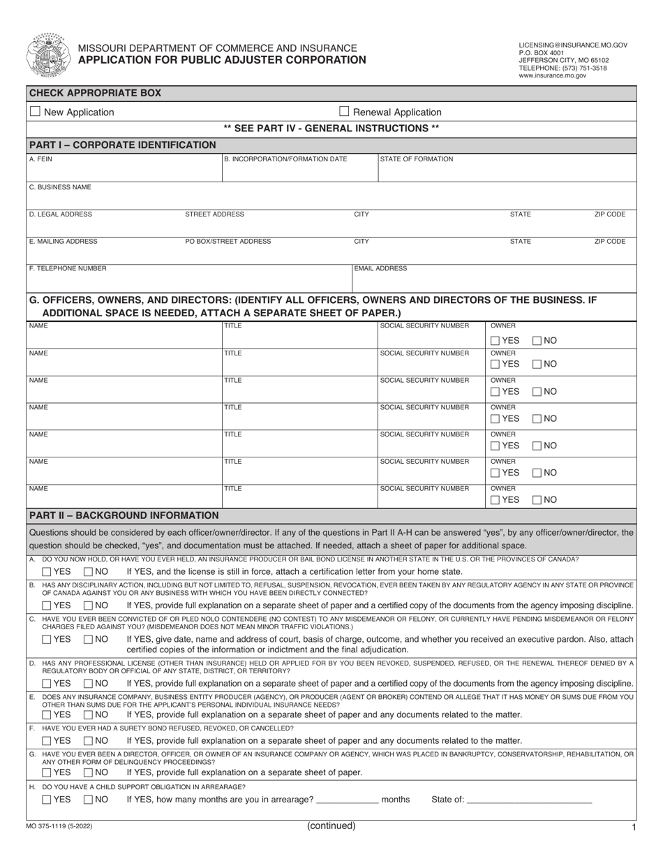 Form MO375-1119 Application for Public Adjuster Corporation - Missouri, Page 1