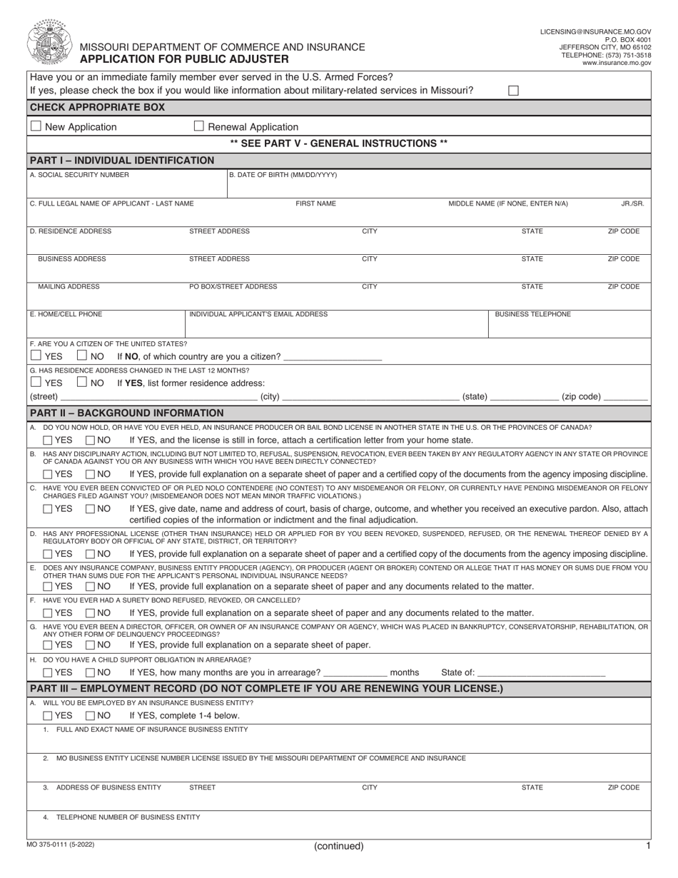 Form MO375-0111 Application for Public Adjuster - Missouri, Page 1
