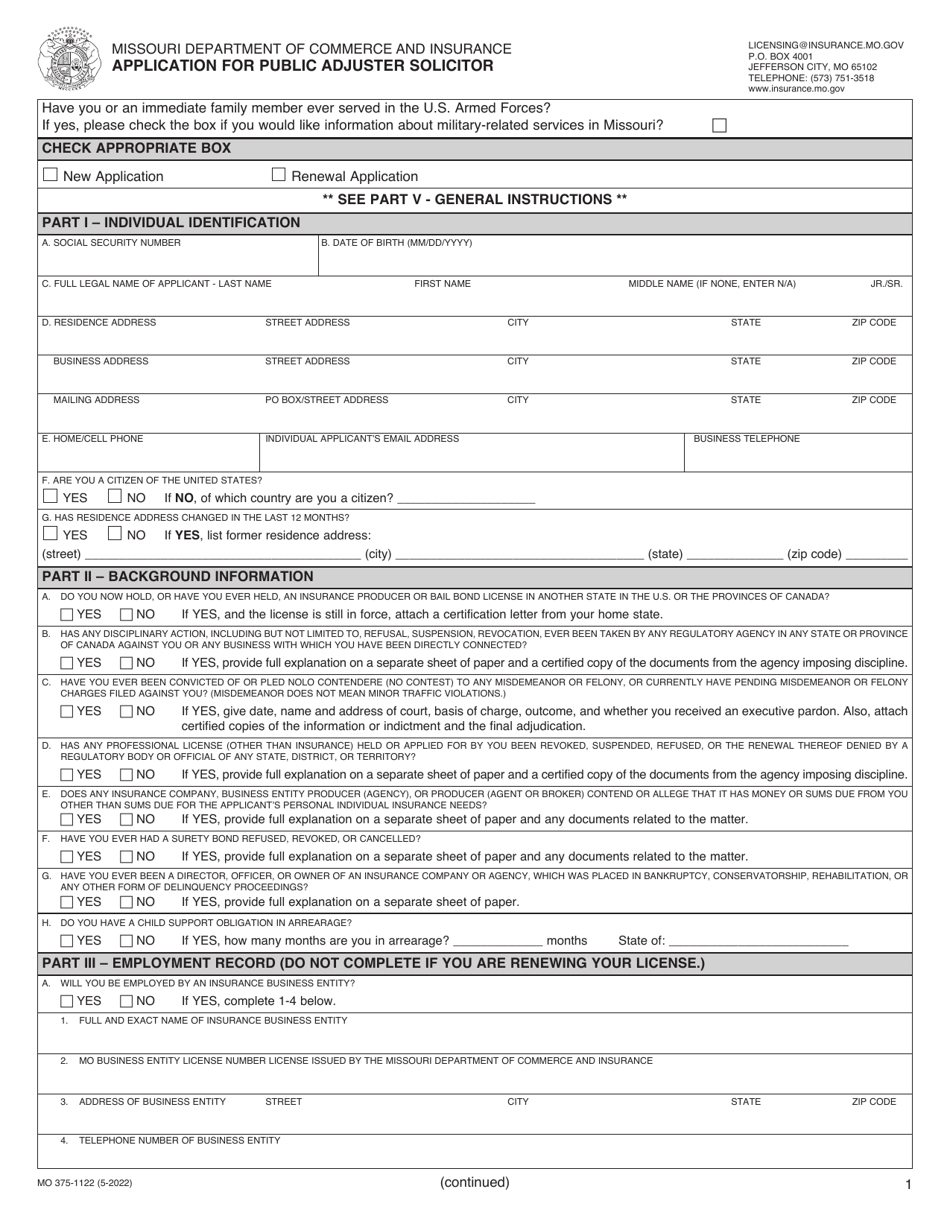 Form MO375-1122 Application for Public Adjuster Solicitor - Missouri, Page 1