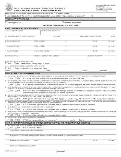 Form MO375-1120 Application for Surplus Lines Producer - Missouri