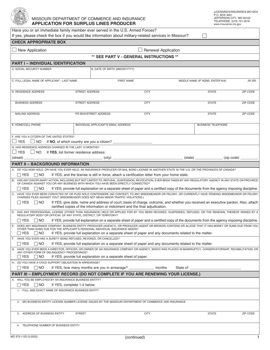 Form MO375-1120 Application for Surplus Lines Producer - Missouri, Page 1