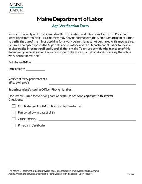 Age Verification Form - Maine Download Pdf