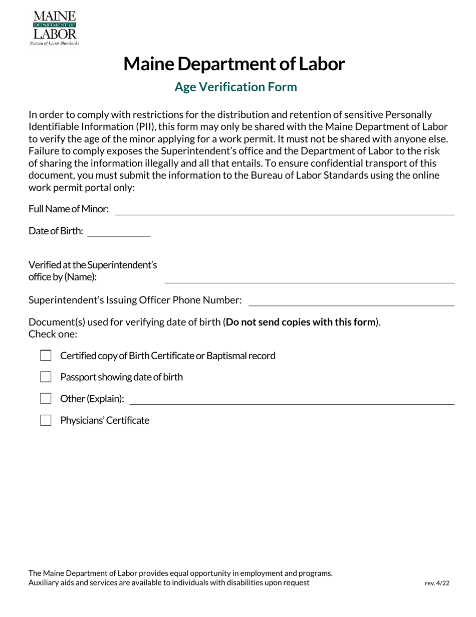 Age Verification Form - Maine, Page 1