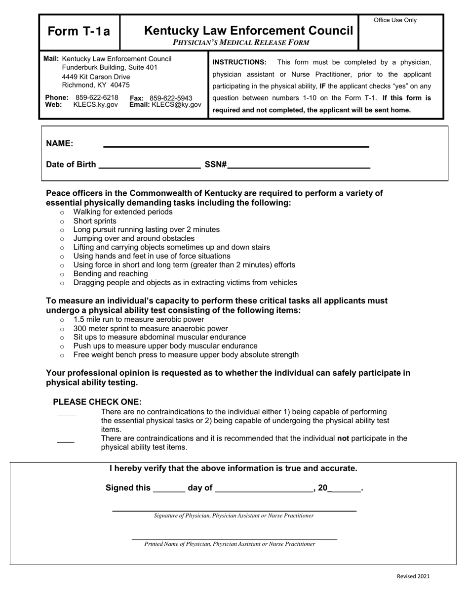 Form T-1A Physician's Medical Release Form - Kentucky, Page 1