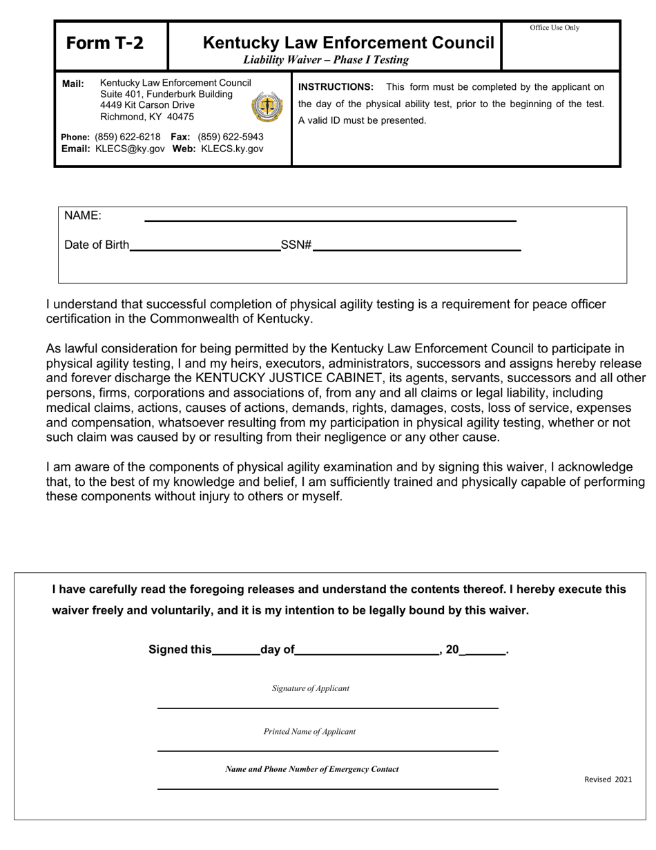 Form T-2 Liability Waiver - Phase I Testing - Kentucky, Page 1