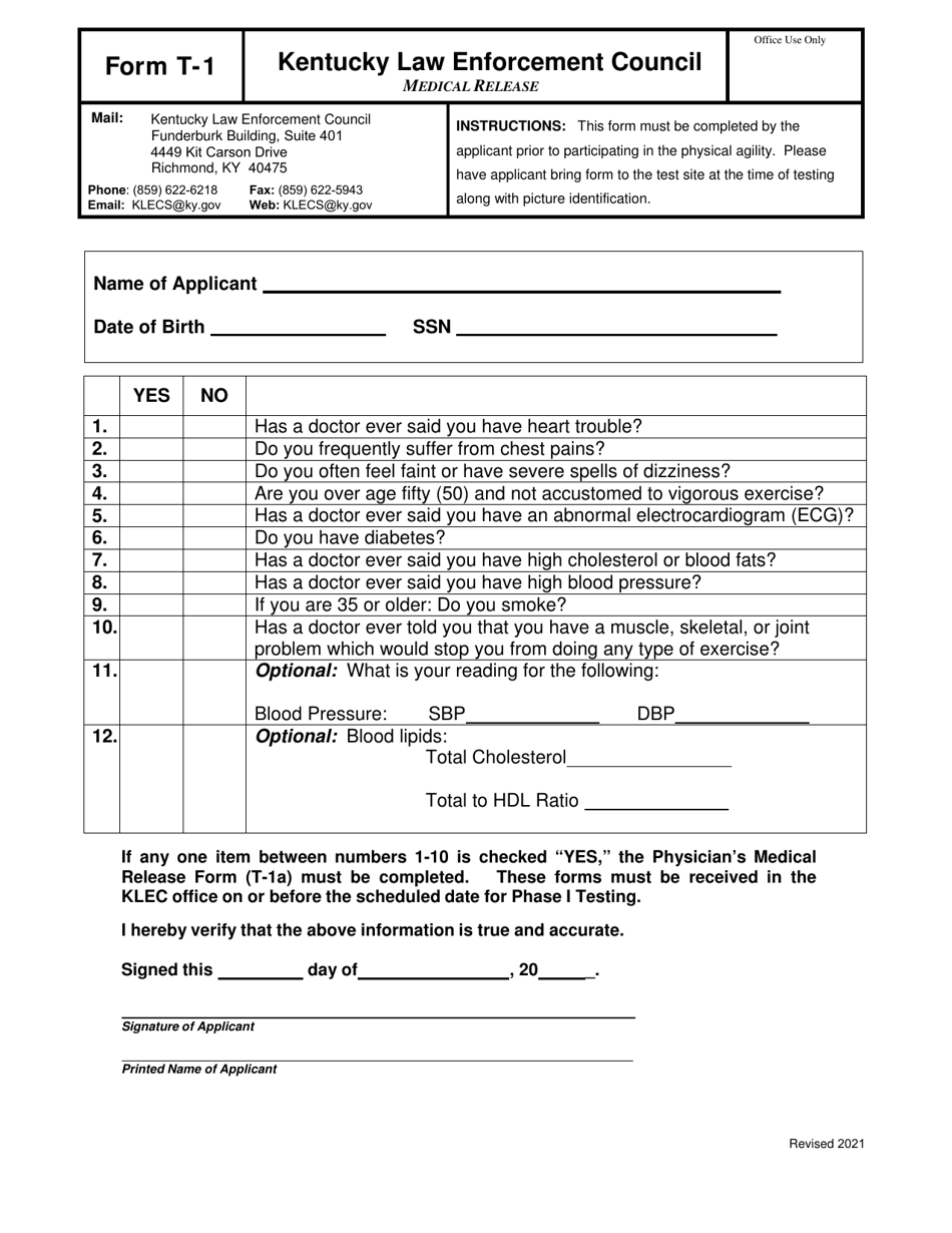 Form T-1 Medical Release - Kentucky, Page 1