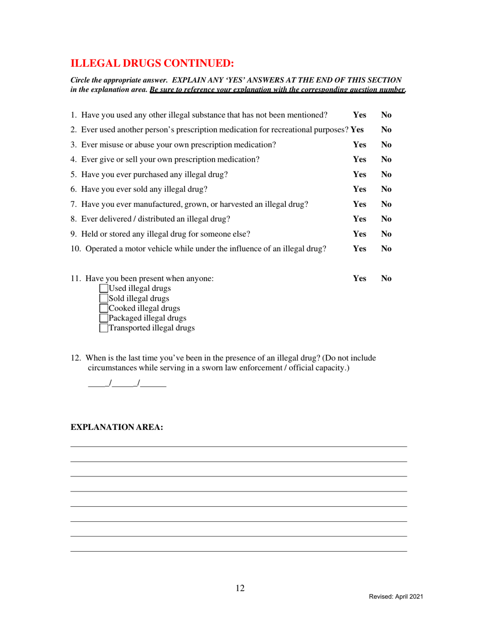 Form I-2 Pre-employment Polygraph Questionnaire - Kentucky, Page 12