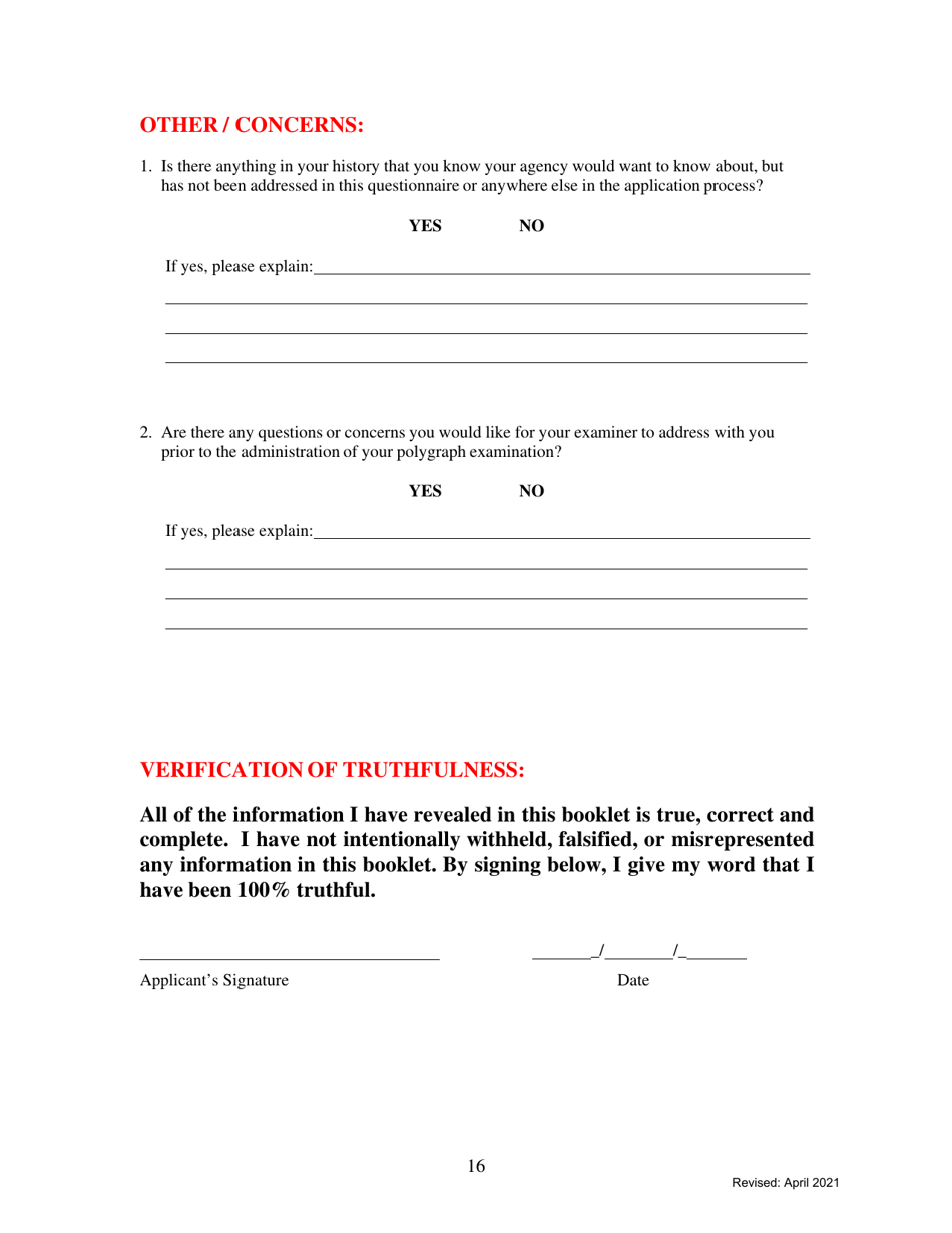 Form I-2 Pre-employment Polygraph Questionnaire - Kentucky, Page 16