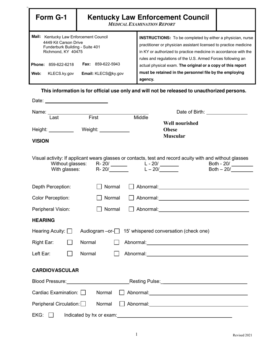 Form G-1 Medical Examination Report - Kentucky, Page 1