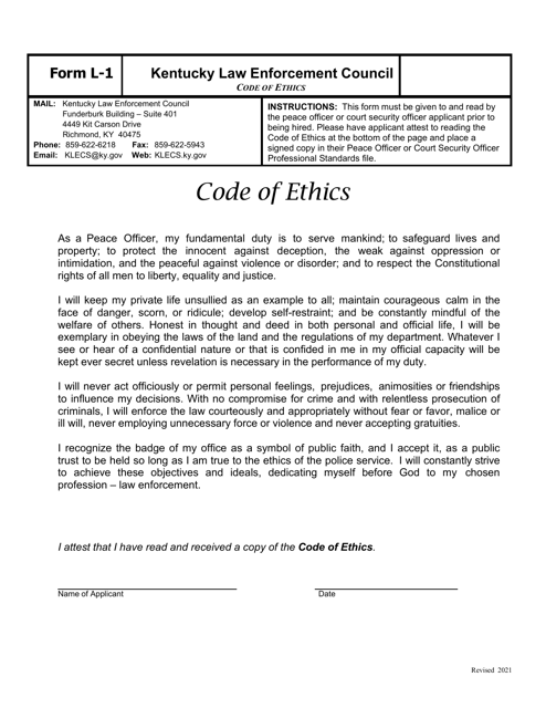 Form L-1 Code of Ethics - Kentucky