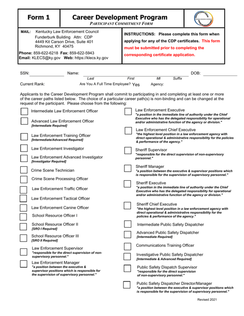 Form 1 Participant Commitment Form - Kentucky