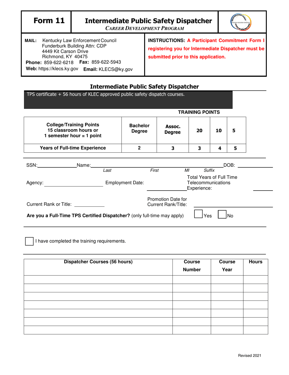 Form 11 Intermediate Public Safety Dispatcher - Kentucky, Page 1