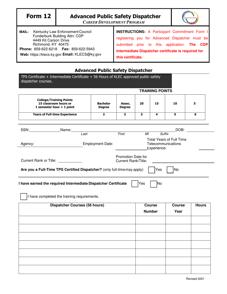 Form 12 Advanced Public Safety Dispatcher - Kentucky, Page 1