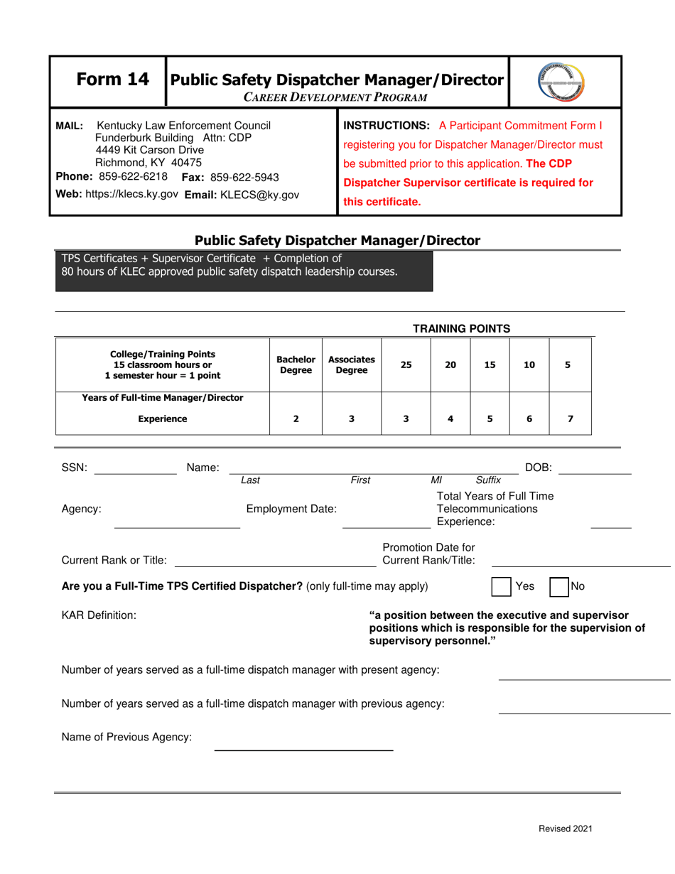Form 14 Public Safety Dispatcher Manager / Director - Kentucky, Page 1