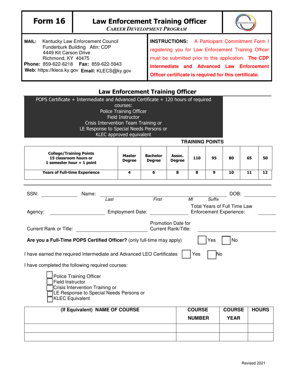 Form 16 Law Enforcement Training Officer - Kentucky, Page 1