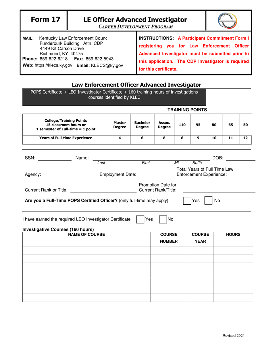 Form 17 Law Enforcement Officer Advanced Investigator - Kentucky, Page 1