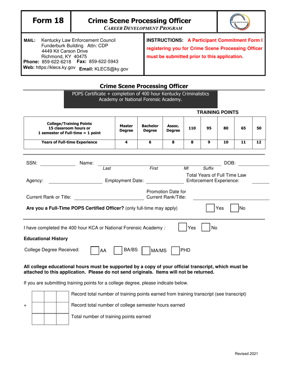 Form 18 Crime Scene Processing Officer - Kentucky, Page 1