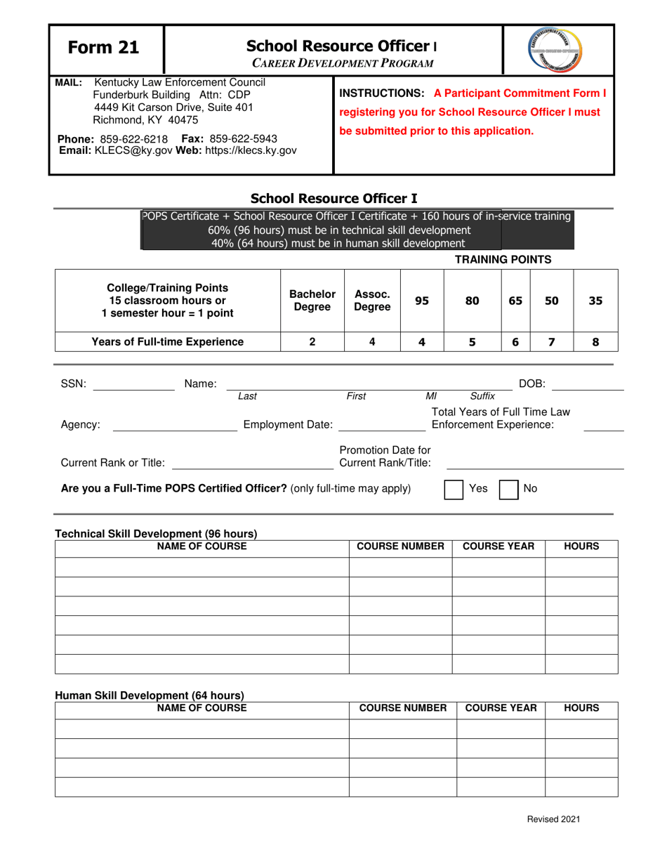 Form 21 School Resource Officer I - Kentucky, Page 1