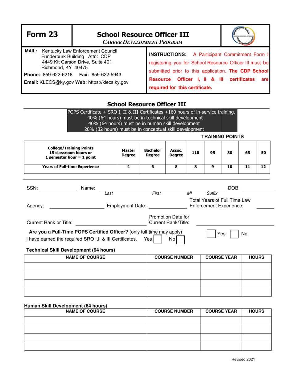 Form 23 School Resource Officer Iii - Kentucky, Page 1