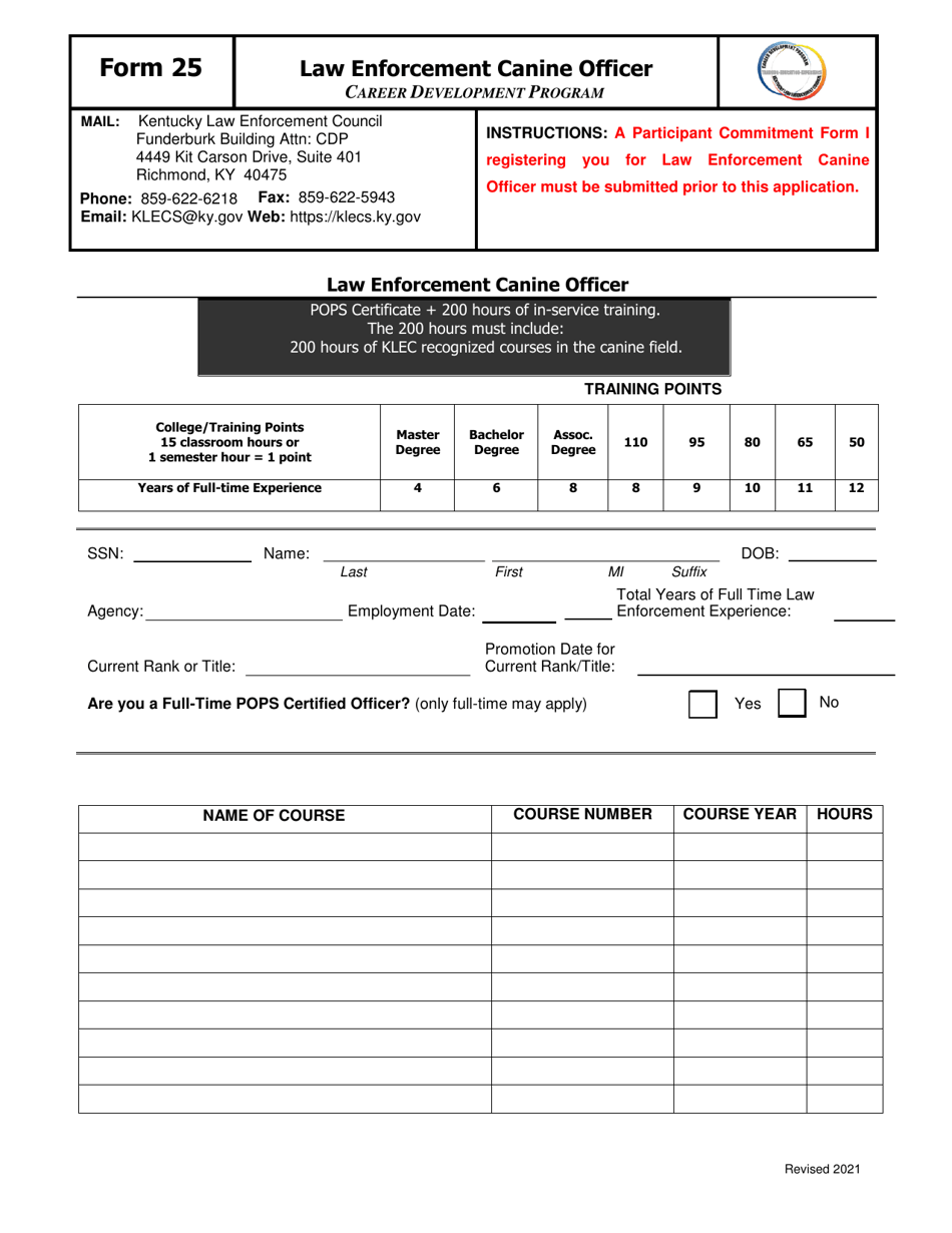 Form 25 Law Enforcement Canine Officer - Kentucky, Page 1