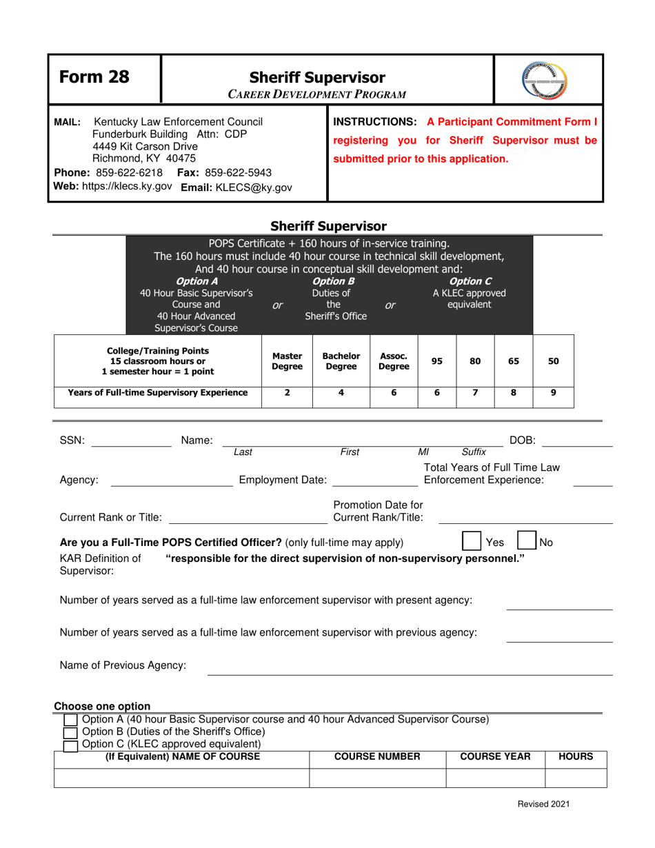 Form 28 Sheriff Supervisor - Kentucky, Page 1