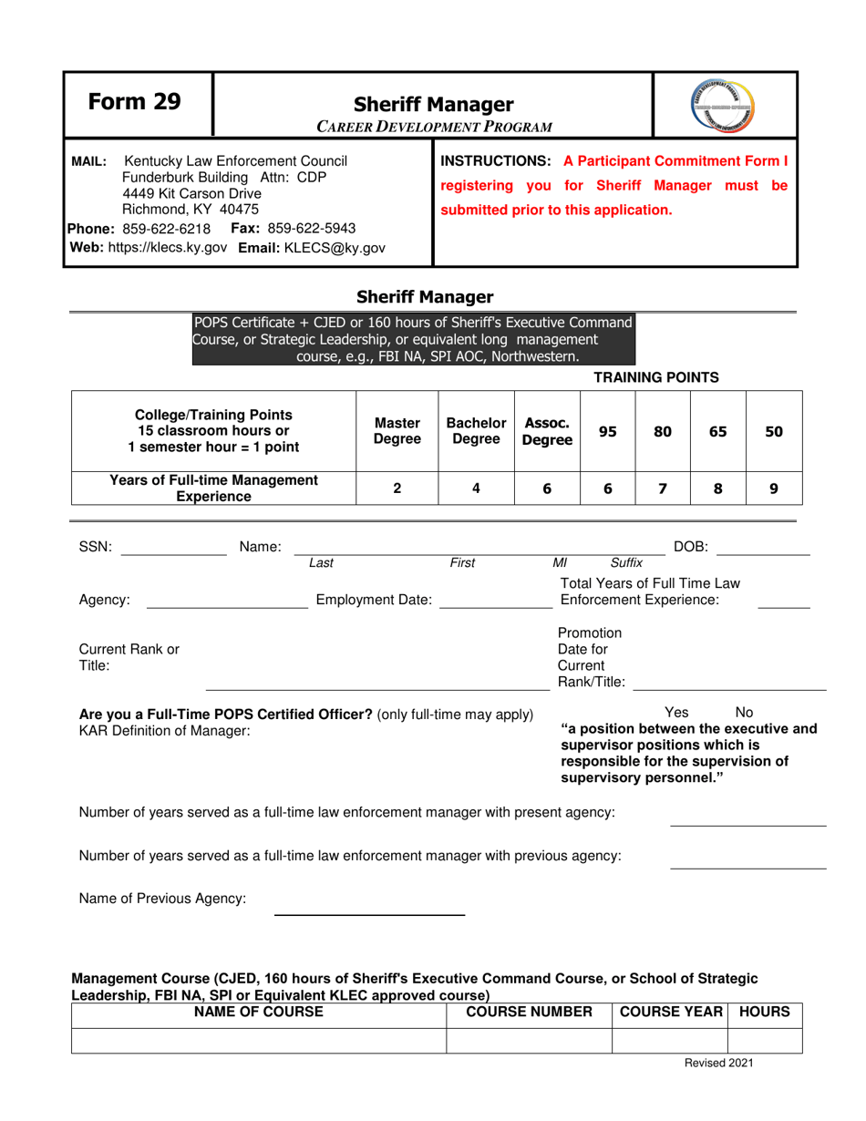 Form 29 Sheriff Manager - Kentucky, Page 1