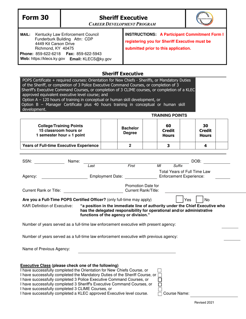 Form 30 Sheriff Executive - Kentucky, Page 1