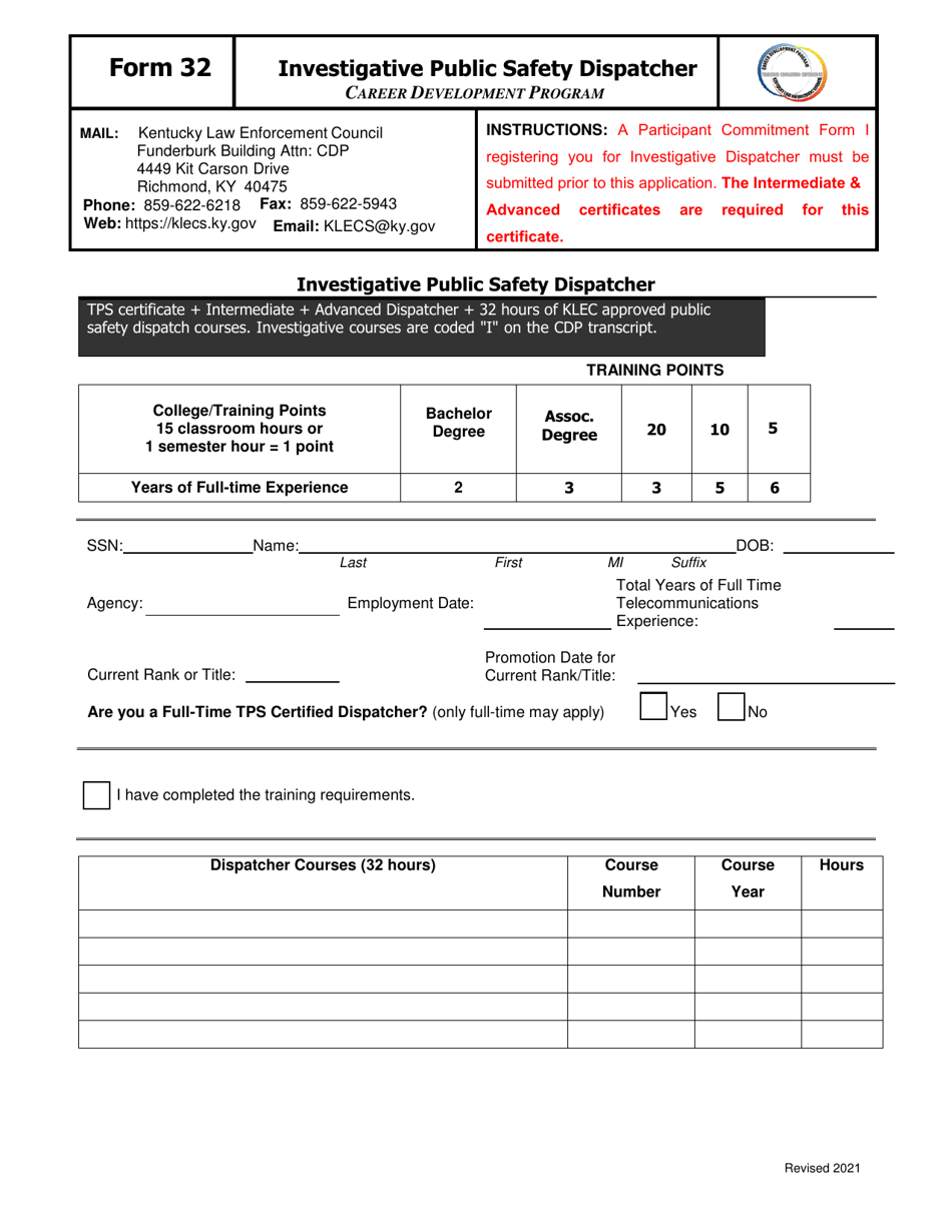Form 32 Investigative Public Safety Dispatcher - Kentucky, Page 1