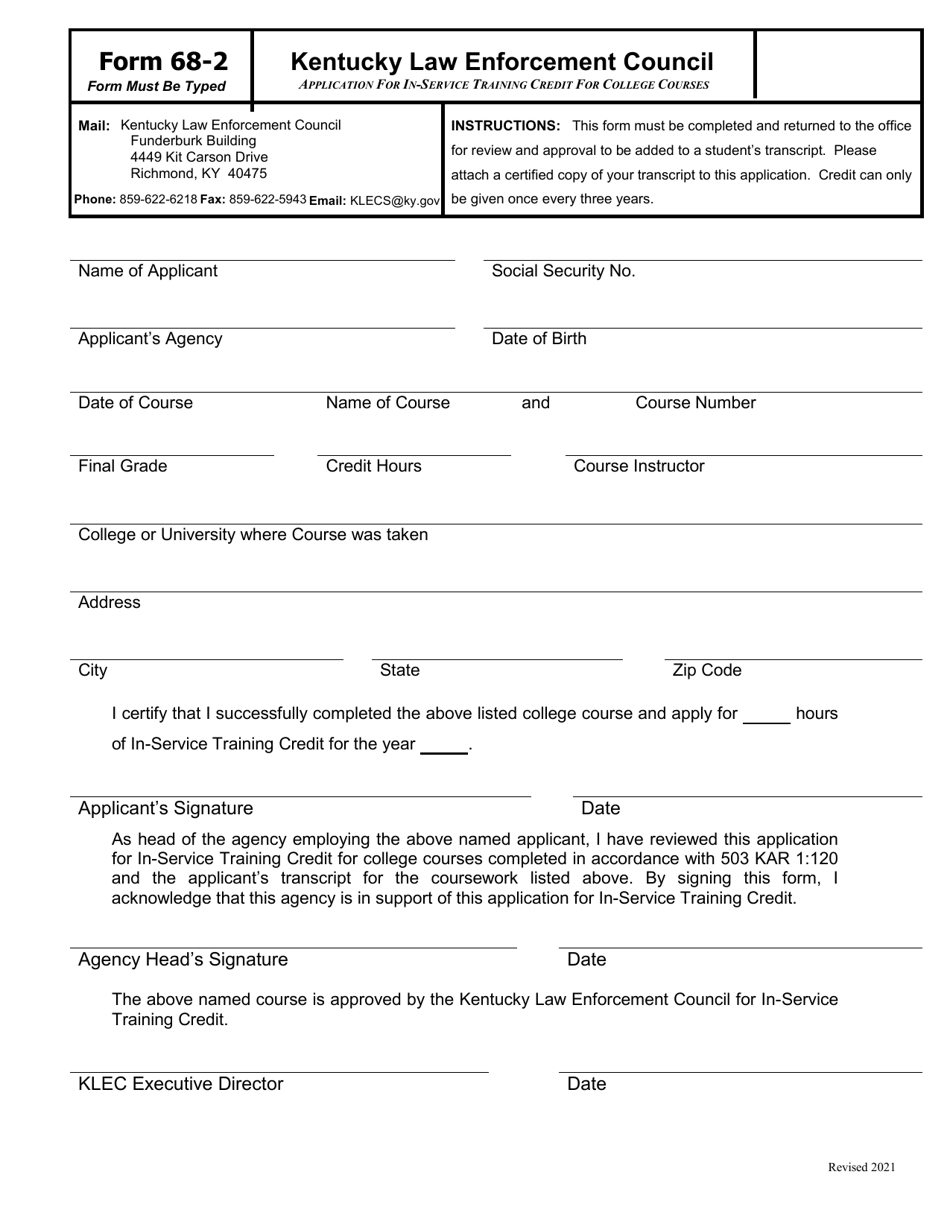 Form 68-2 Application for In-Service Training Credit for College Courses - Kentucky, Page 1