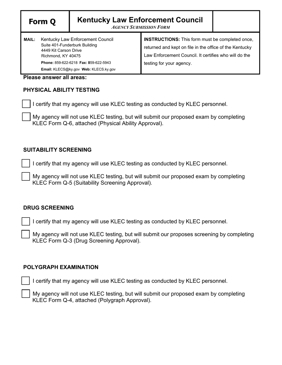 Form Q Agency Submission Form - Kentucky, Page 1
