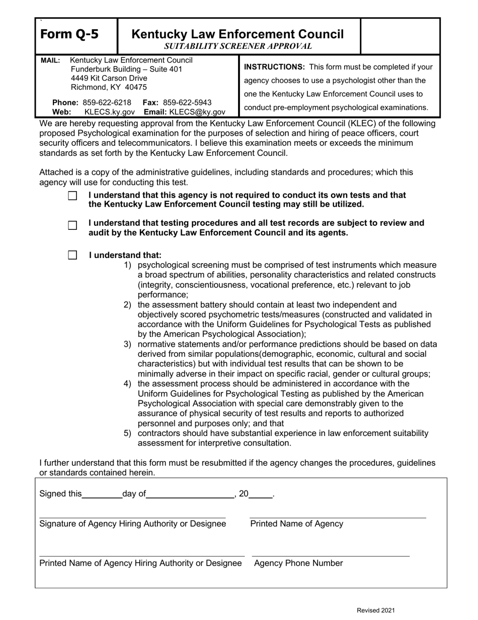 Form Q-5 Suitability Screener Approval - Kentucky, Page 1