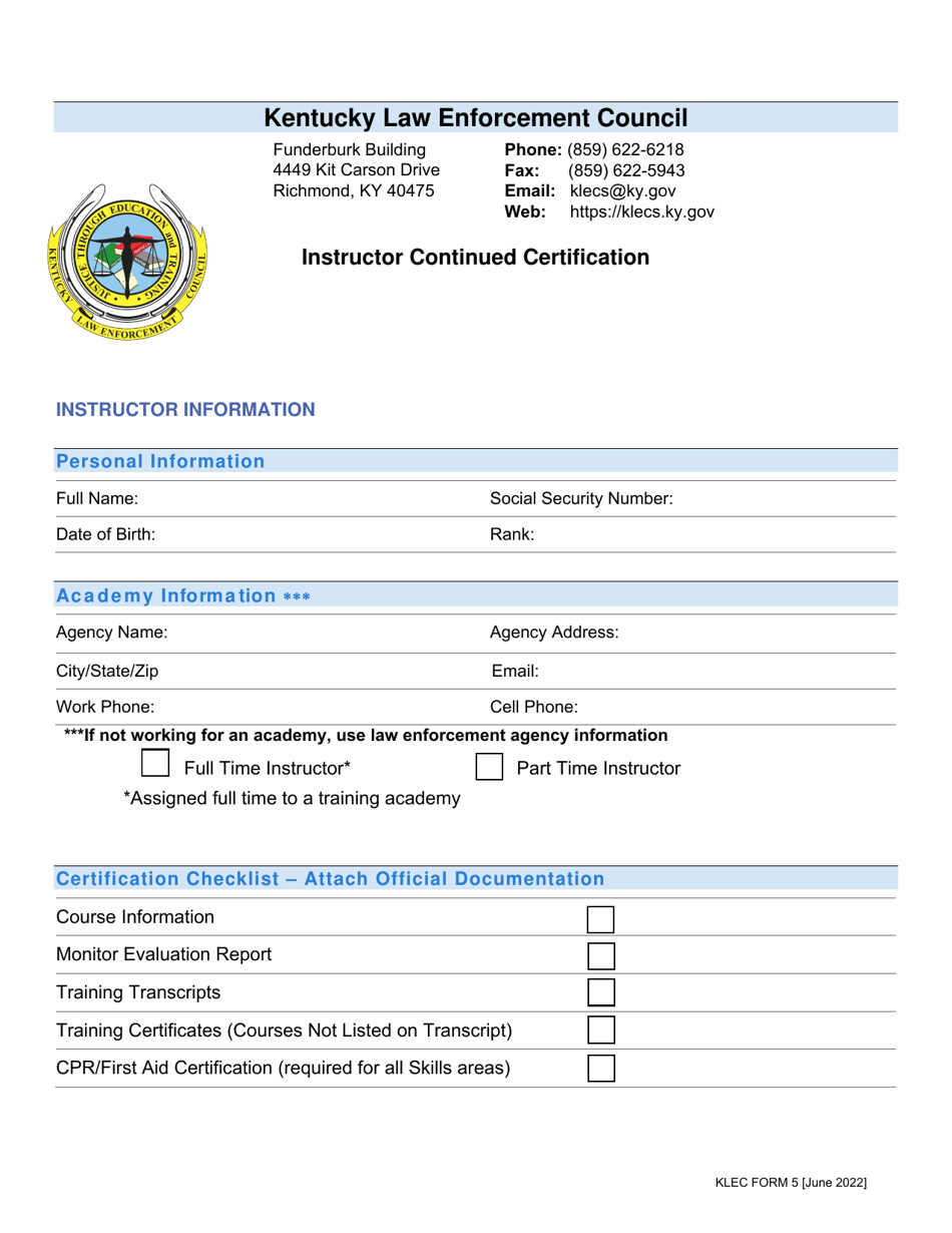 KLEC Form 5 Instructor Continued Certification - Kentucky, Page 1