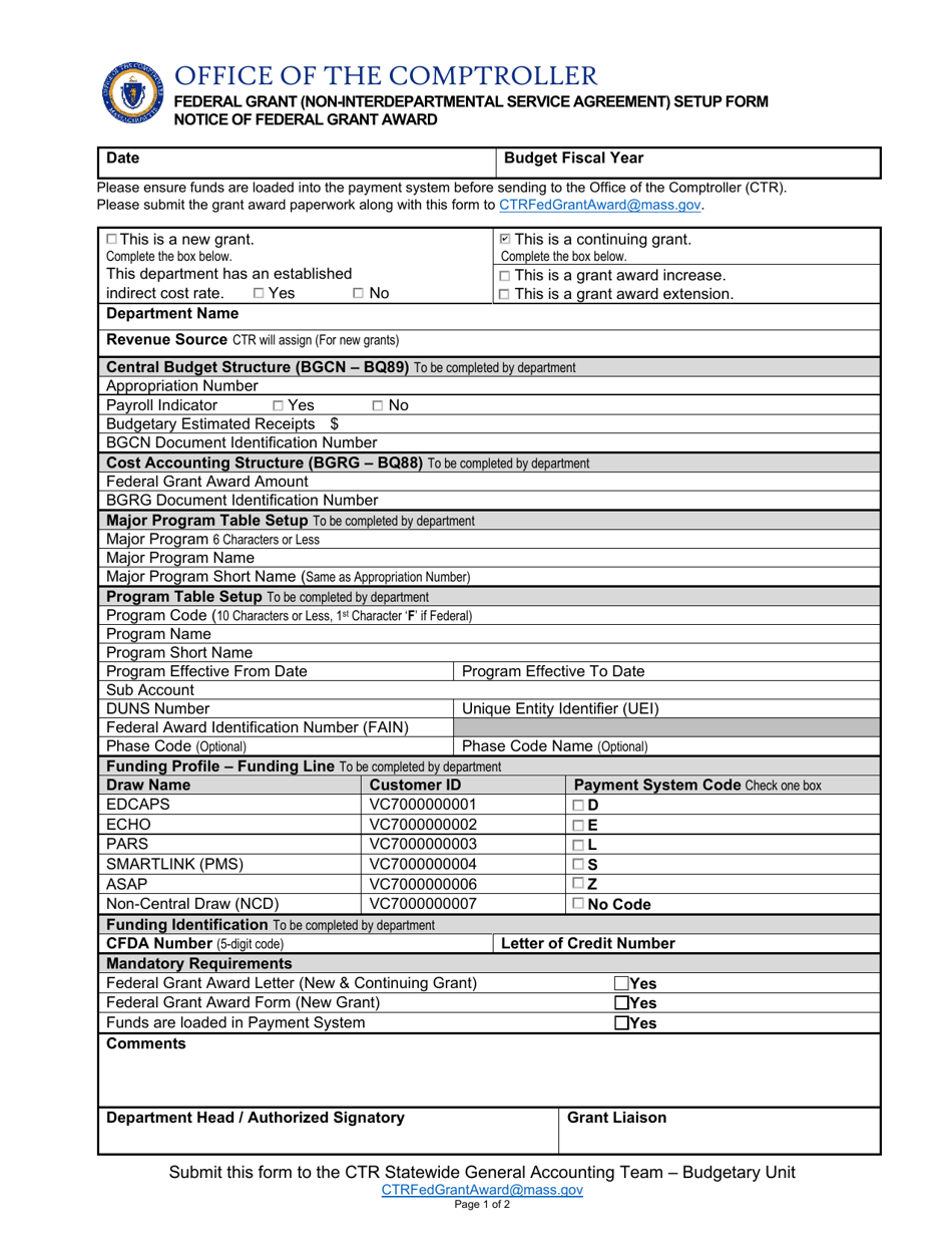 Federal Grant (Non-interdepartmental Service Agreement) Setup Form - Notice of Federal Grant Award - Massachusetts, Page 1