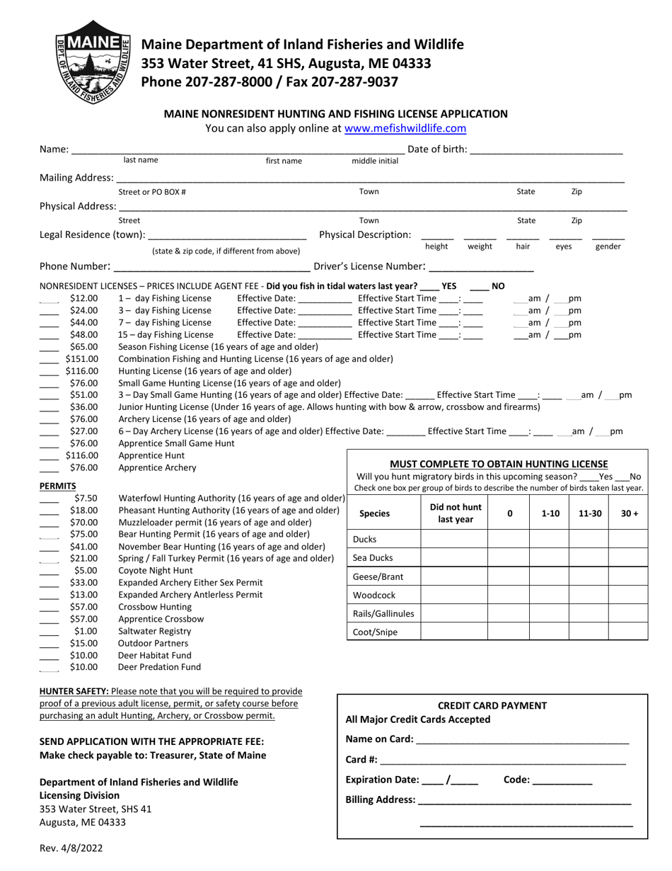 Maine Maine Nonresident Hunting and Fishing License Application ...