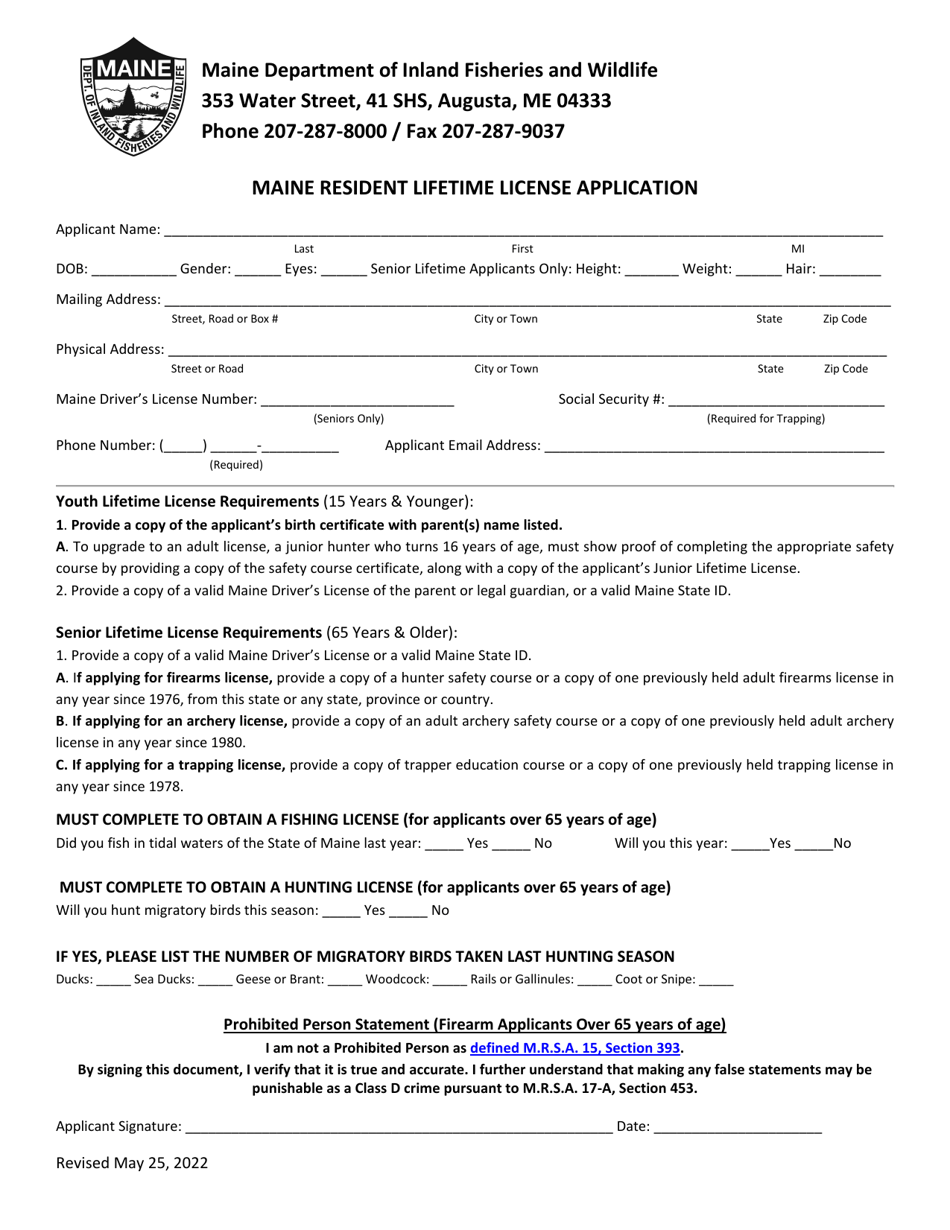 Maine Resident Lifetime License Application - Maine, Page 1