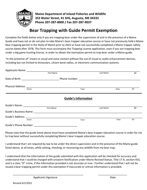 Bear Trapping With Guide Permit Exemption - Maine Download Pdf