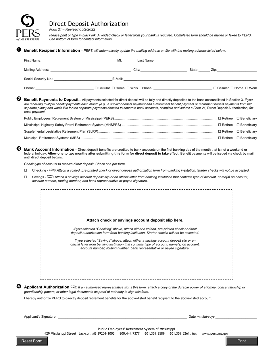 Form 21 Direct Deposit Authorization - Mississippi, Page 1
