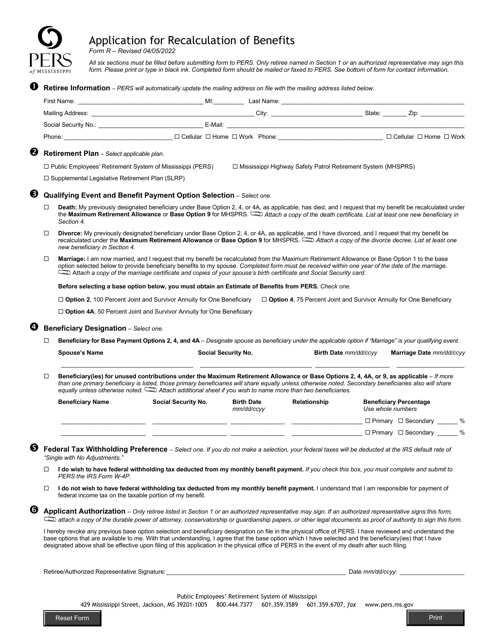 Form R Application for Recalculation of Benefits - Mississippi