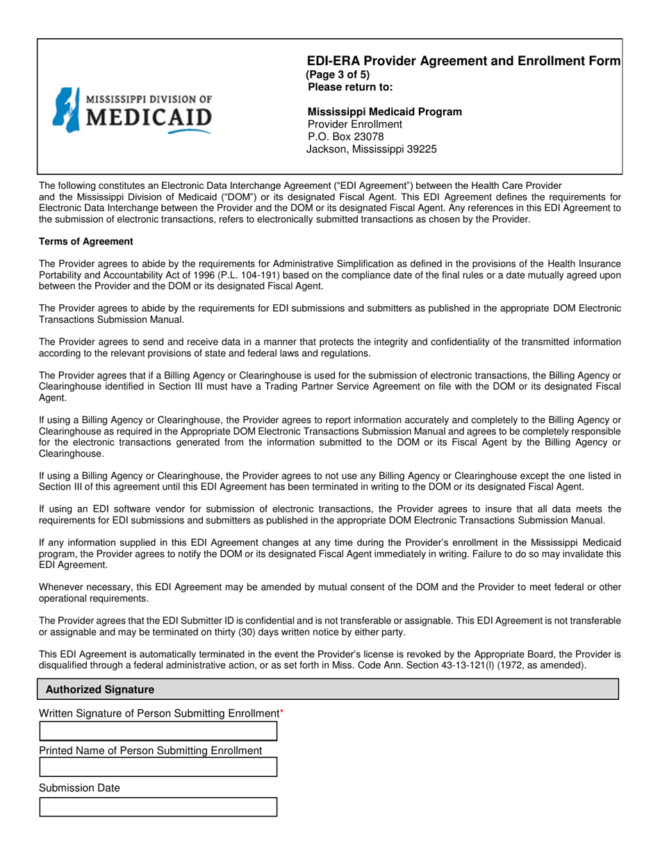 Edi-Era Provider Agreement and Enrollment Form - Mississippi, Page 3